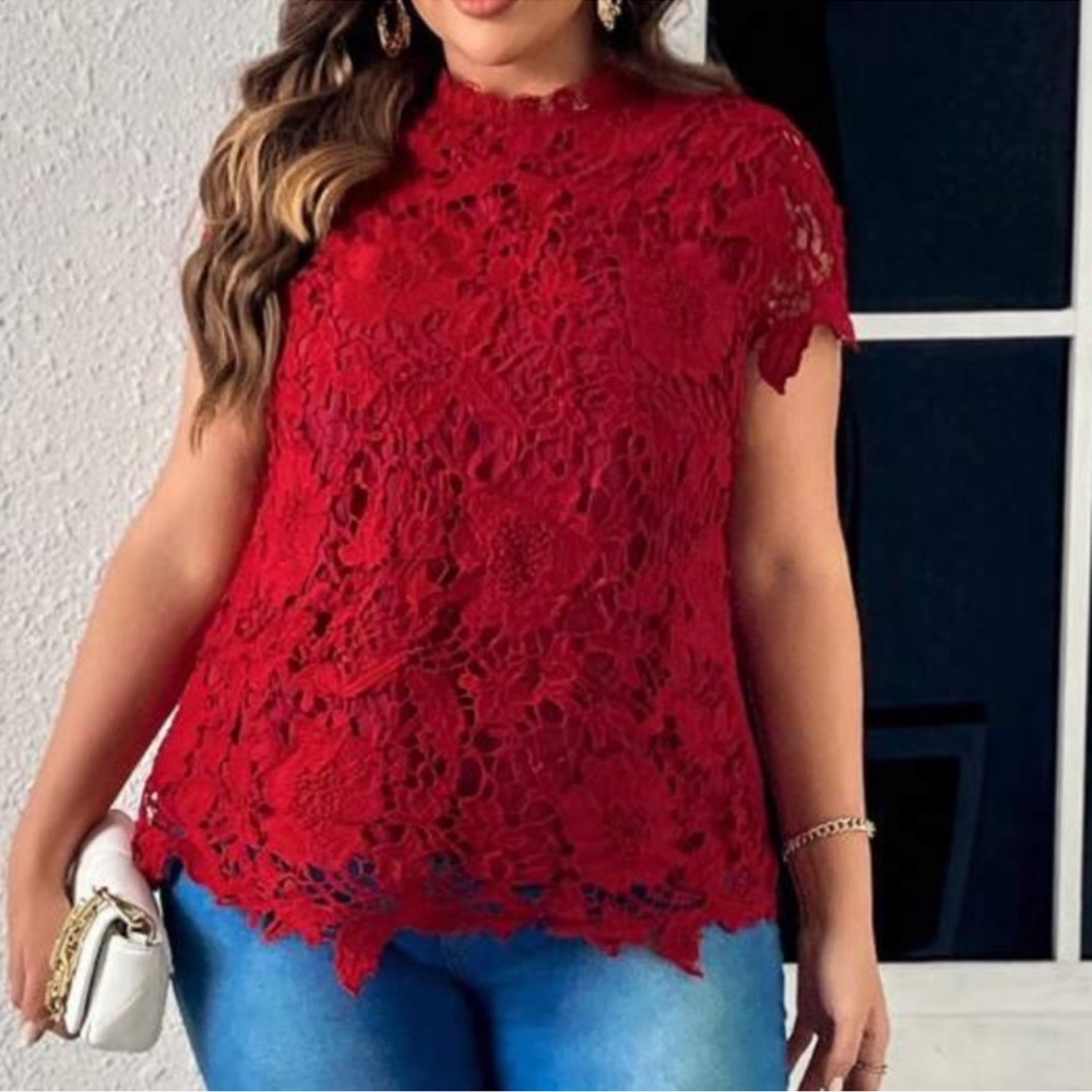 Plus Red Floral Lace Mock Neck Blouse 1X 2X 3X 4X